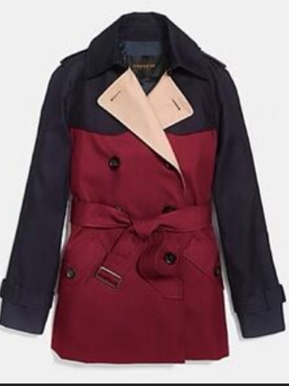 Coach Two-Tone Trench Coat in Burgundy, Navy & Cream
